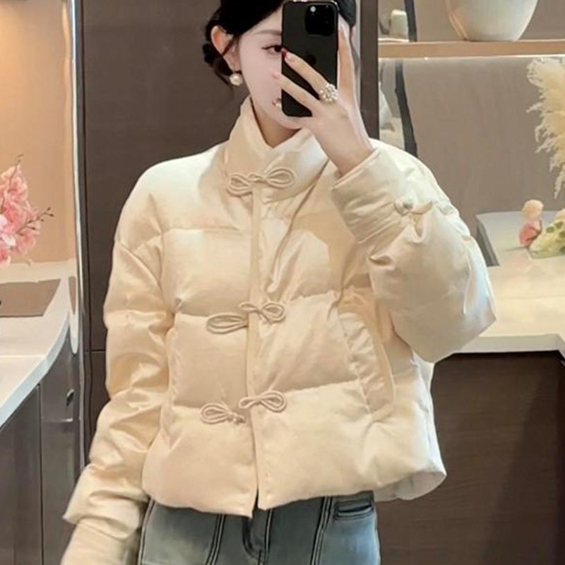 立领棉服女冬季大码胖mm新中式国风蝴蝶结小个子短款保暖棉衣外套