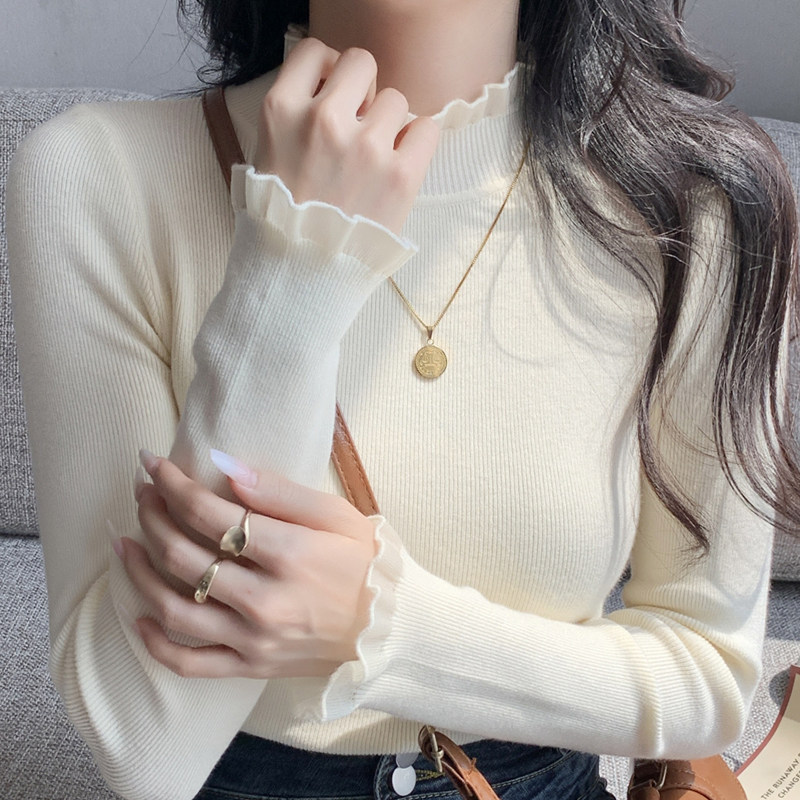 半高领针织打底衫女秋季新款蕾丝花边拼接修身内搭上衣软糯毛衣女