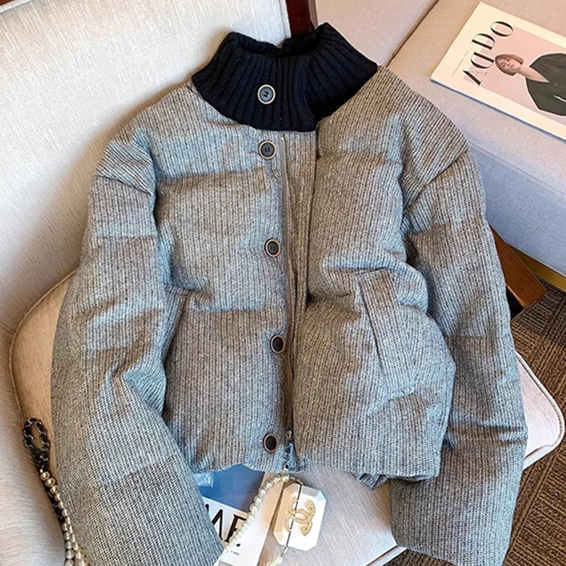 灰色针织拼接棉服女士秋冬韩系ins气质立领小个子短款面包服外套