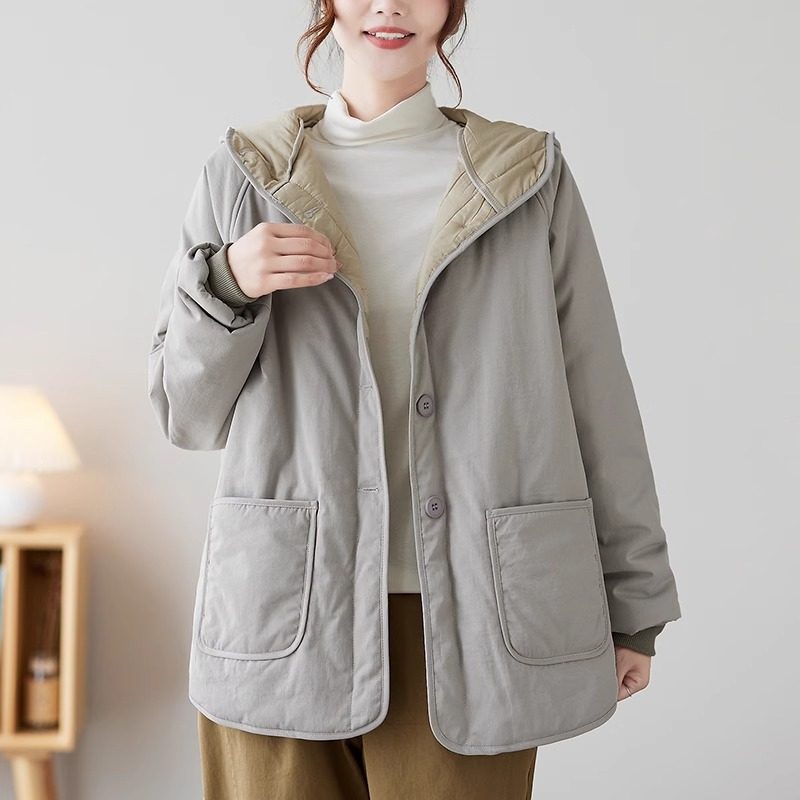 连帽棉服棉袄女款冬季新款灰色大码中年妈妈时尚加厚开衫棉衣外套