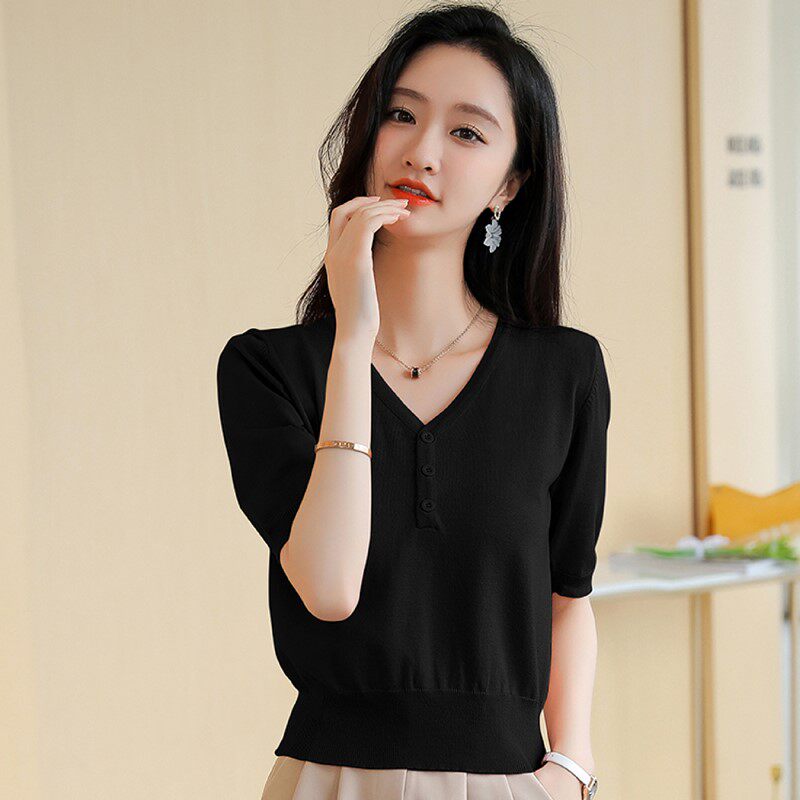 冰丝短袖t恤女2023年新款夏季薄款设计感小众修身针织衫V领上衣女