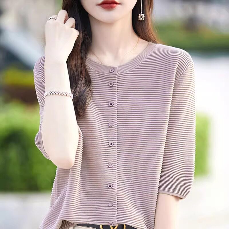 短袖t恤女2025新款爆款夏季薄款冰丝针织衫时尚洋气条纹正肩上衣