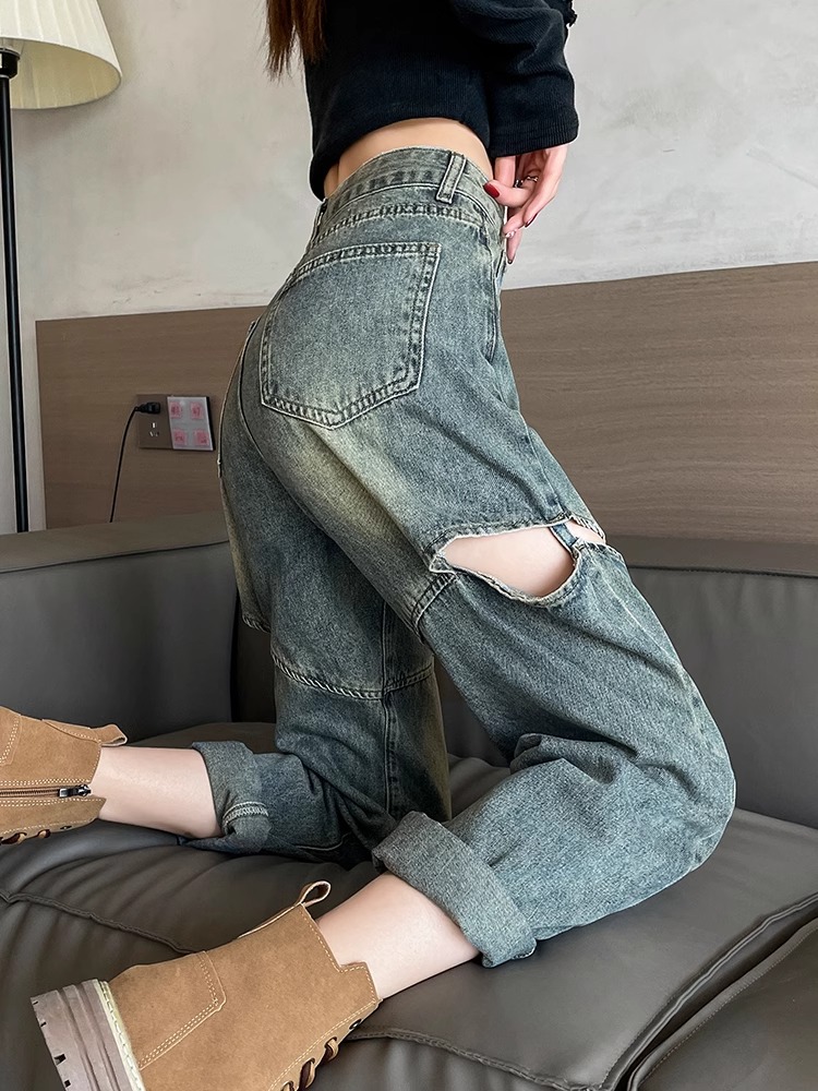 破洞牛仔裤女2024年新款夏季薄款时尚潮流小个子哈伦裤九分老爹裤