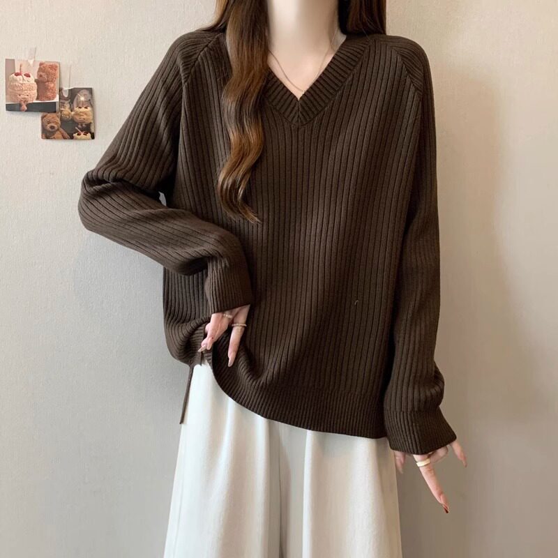 韩版纯色加厚V领毛衣针织衫女秋冬新款微胖mm宽松显瘦正肩打底衫