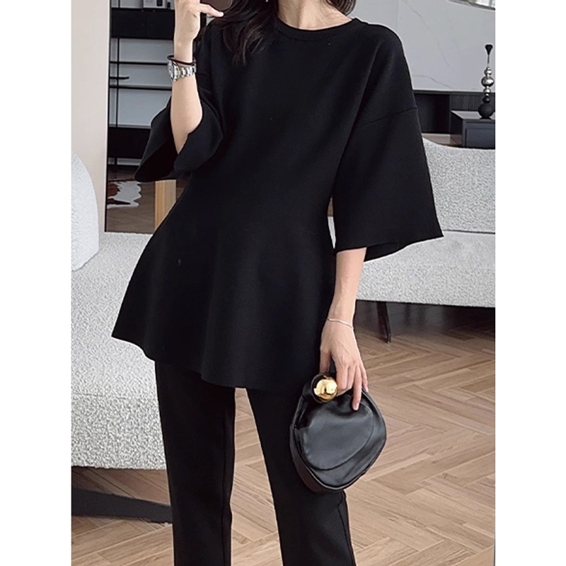 短袖t恤女2025新款爆款夏季薄款黑色冰丝针织衫收腰显瘦圆领上衣
