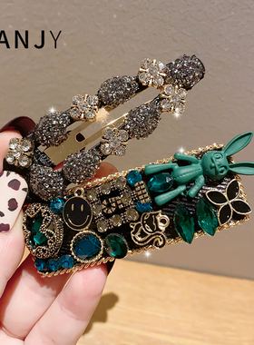 2025年新款复古镶钻绿色小兔子发夹女侧边一字夹时尚BB夹气质发饰