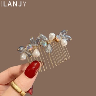 轻奢闪亮蓝色水晶发梳2026年新款后脑勺盘发发卡倒插梳发夹发饰女