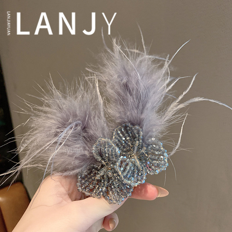 超仙氛围感毛毛鸭嘴夹气质甜美羽毛发夹轻奢高级感水晶串珠侧边夹