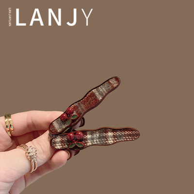 新款甜美少女可爱水果樱桃发夹边夹学院风格纹合金鸭嘴夹刘海夹