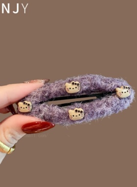 温柔紫色毛呢发夹甜美蝴蝶结猫咪侧边夹碎发整理bb夹刘海夹发卡女