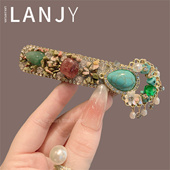 中式 复古彩色满钻侧边夹精致花朵流苏发夹时尚 洋气bb夹发卡发饰女