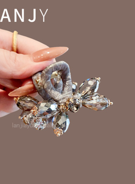 法式重工灰色水晶抓夹2025年高级感侧边夹精致半扎发夹小号鲨鱼夹