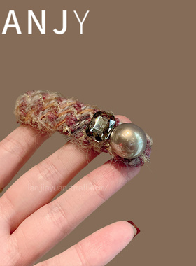 韩版时尚彩色毛线BB夹灰色珍珠水晶刘海夹时髦百搭前额碎发夹发卡