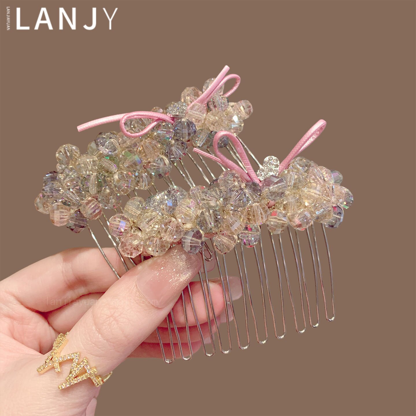 炫彩水晶串珠发梳女粉色甜美蝴蝶结发卡气质高颅顶倒插梳发插发饰