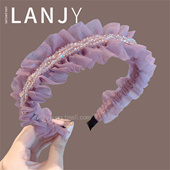 时尚 轻奢紫色网纱花边头箍重工水晶串珠发箍气质高颅顶发卡发饰女