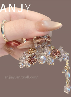 时尚复古紫色水钻小抓夹精致流苏水晶发夹甜美公主头侧边夹鲨鱼夹