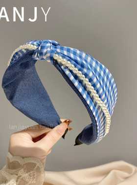 韩国新款蓝色格纹印花打结发箍宽边高颅顶发箍简约外出百搭发卡女