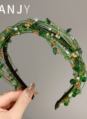 韩版发箍女绿色轻奢高级感水晶头箍重工高级宽边发卡气质百搭发捆