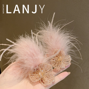 精致重工水晶串珠花朵发夹2025年超仙氛围感羽毛侧边夹鸭嘴夹头饰