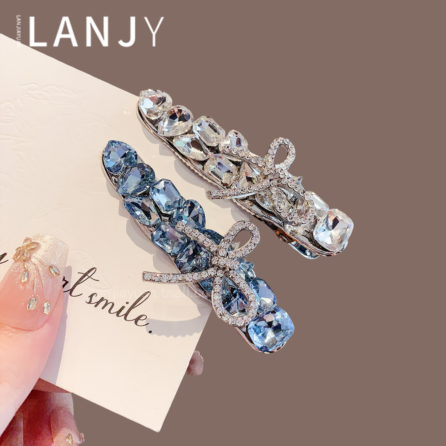 清透超闪蓝色水晶边夹时尚高级感发夹女轻奢闪钻蝴蝶结鸭嘴夹头饰