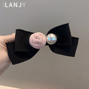 爱了 粉色立体玫瑰花蝴蝶结发夹侧边弹簧夹女后脑勺发饰黑色顶夹