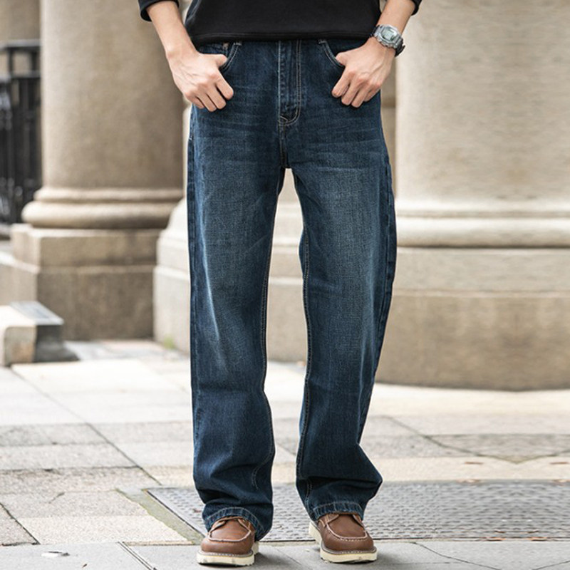 春夏深裆加肥加大码全棉长裤男宽松直筒牛仔裤阔腿大裤脚口怀旧潮