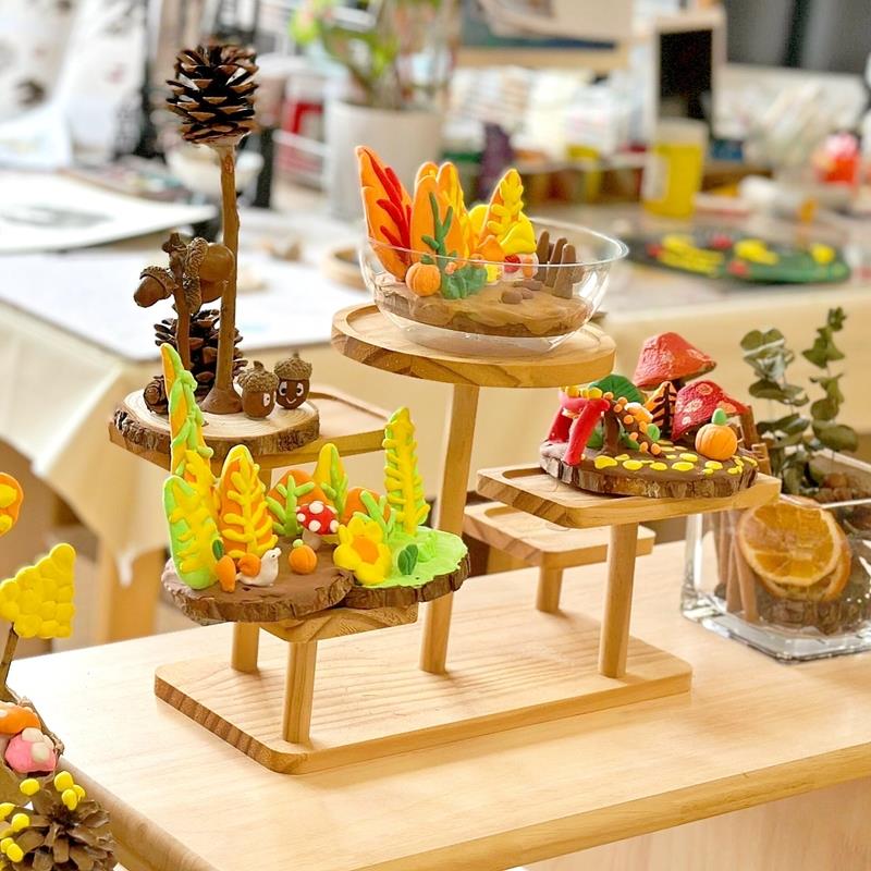 幼儿园美工区黏土品展示架手工diy木片秋天自然角环创作装饰布置.