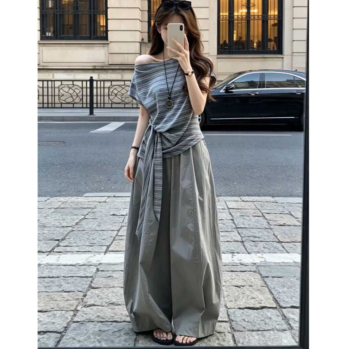 韩系斜肩条纹短袖t恤女夏