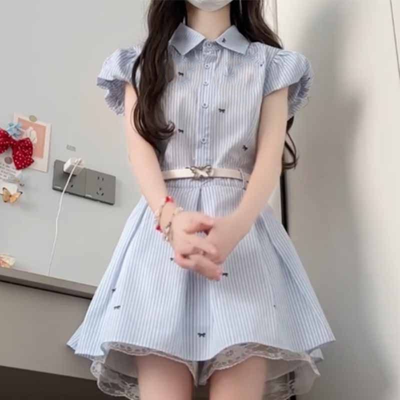 韩系穿搭夏季2025新款小个子蓝色条纹衬衫连衣裙子女气质收腰
