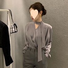 高端抗皱系带醋酸缎面衬衫女春秋系带飘带领带法式高级感领上衣