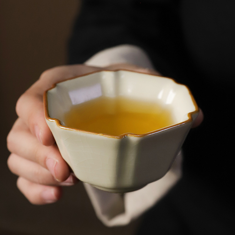 汝窑单杯复古品茗杯米黄功夫茶杯陶瓷手工礼盒装茶碗花韵杯可开片
