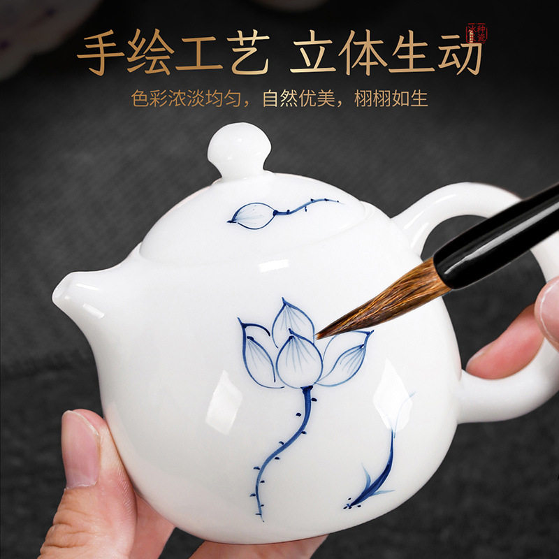 冰种玉瓷手绘荷花龙蛋茶壶陶瓷