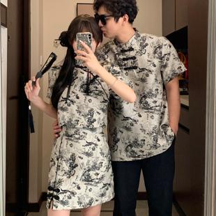 国风提花旗袍立领连衣裙一裙一衣 新中式 小众设计感情侣装 2025夏季