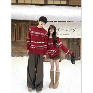 外套潮 ins慵懒风针织衫 圣诞过年红色加厚毛衣情侣装 秋冬2025新款