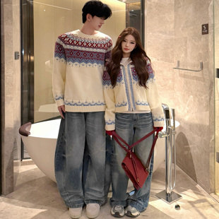 新年圣诞男女毛衣情侣装秋冬ins港风复古慵懒感宽松针织连帽外套