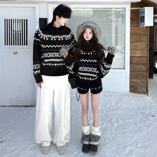 套装 美式 针织衫 秋冬ins慵懒风网红时尚 复古费尔岛高领毛衣情侣装
