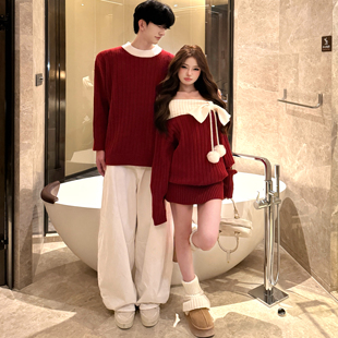 法式圣诞一字肩毛衣情侣装秋冬ins氛围感复古新年针织连衣裙潮流