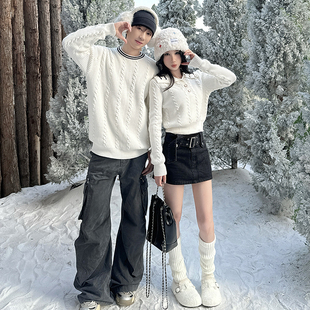 男女韩版 复古麻花翻领针织衫 宽松慵懒风毛衣外套潮 秋冬新款 情侣装