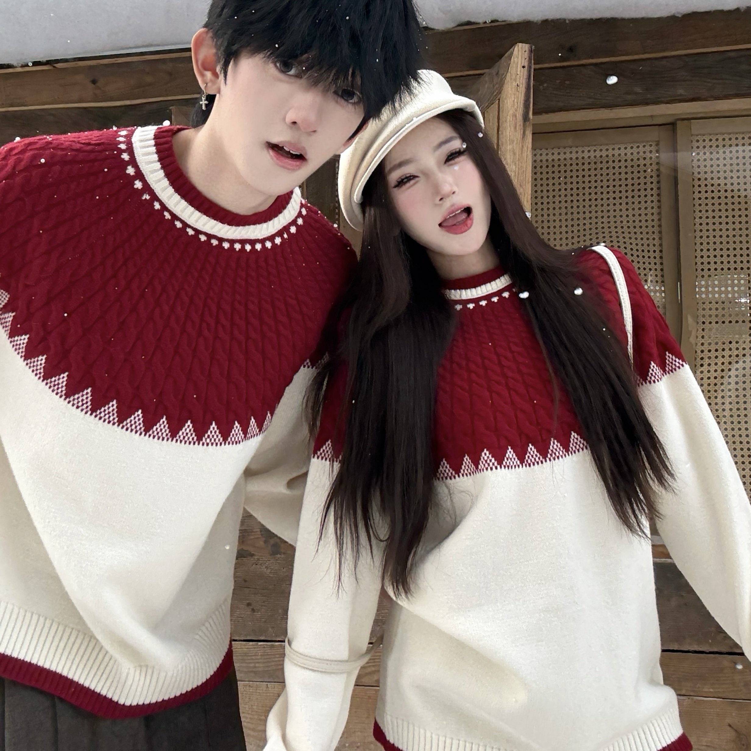 情侣装秋冬季红色费尔岛毛衣