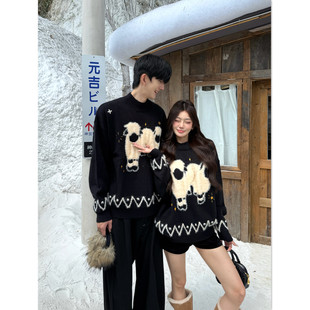 复古小羊提花毛衣女宽松慵懒风针织衫 美式 外套潮牌 秋冬新款 情侣装