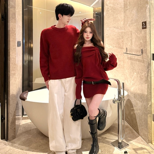 情侣装 圣诞风毛衣ins网红一字肩针织裙潮 秋冬一裙一衣设计感法式