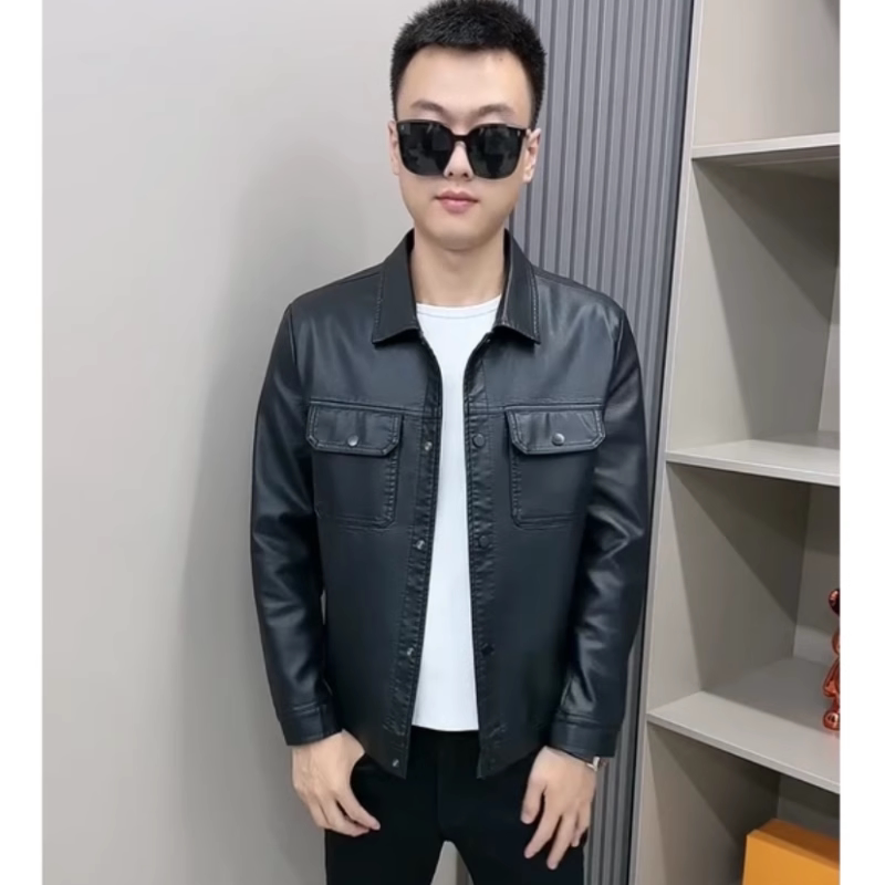 秋季新款休闲男士皮衣夹克时尚百搭高端流行外套简约纯色短款上衣