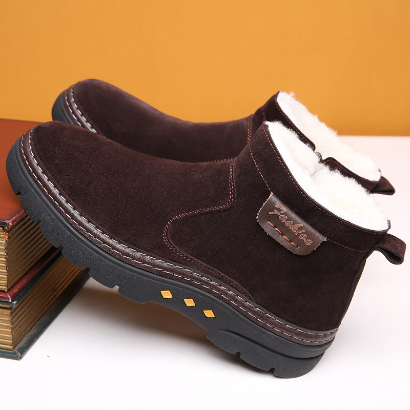 男士棉皮鞋加绒毛皮鞋休闲棉鞋男保暖中老年男棉鞋真皮羊毛冬鞋男