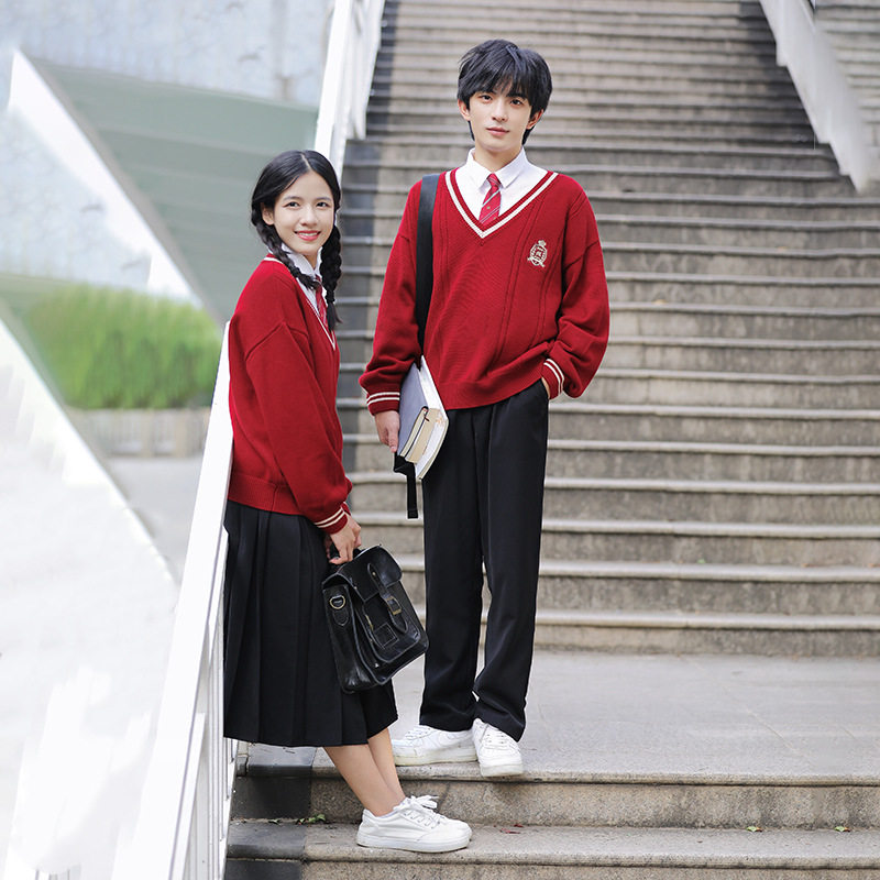 jk制服针织套头长袖酒红色毛衣学院风校服班服套装中学生活动服装