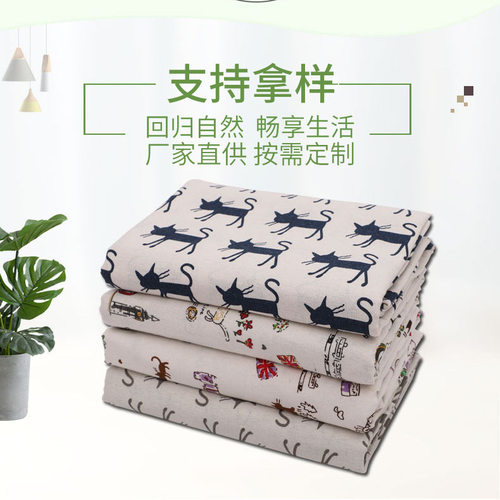 棉麻布料猫咪印花亚麻布桌布沙发布垫靠枕抱枕套帆布面料印花帆布