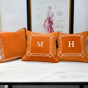橘色白边框刺绣抱枕套床上靠包temu跨境北欧风格耐磨刺绣