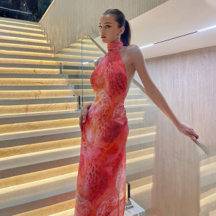 CNYISHE 辣妹露背挂脖绑带连衣裙气质高级感显身材长裙 欧美风时尚