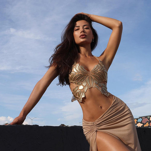 cnyishe烫金发泡蝴蝶绑带背心