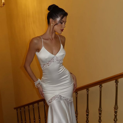 优雅高级感辣妹蕾丝拼接设计长裙