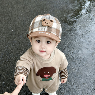 婴儿帽子秋冬款 格子小熊鸭舌帽冬天男宝宝儿童防风保暖棒球帽 韩版